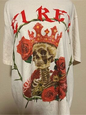 Rebellious One White Tee with Red Roses & Gold Skull Crown